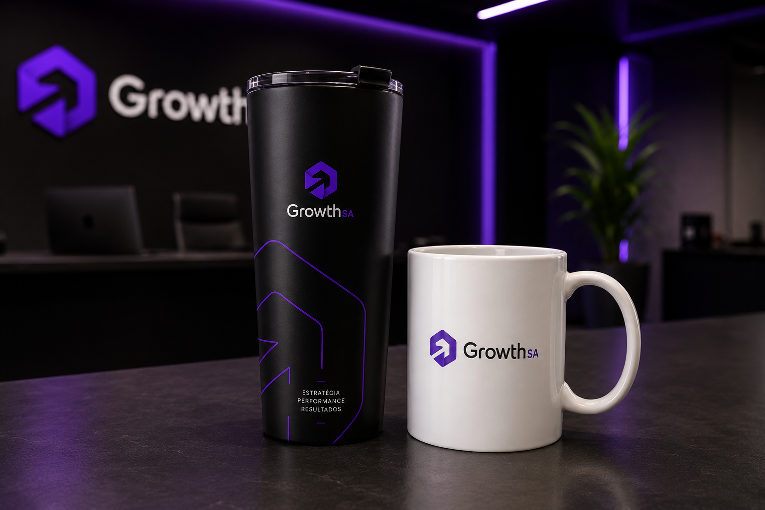 Brindes Growth SA: copo térmico e caneca